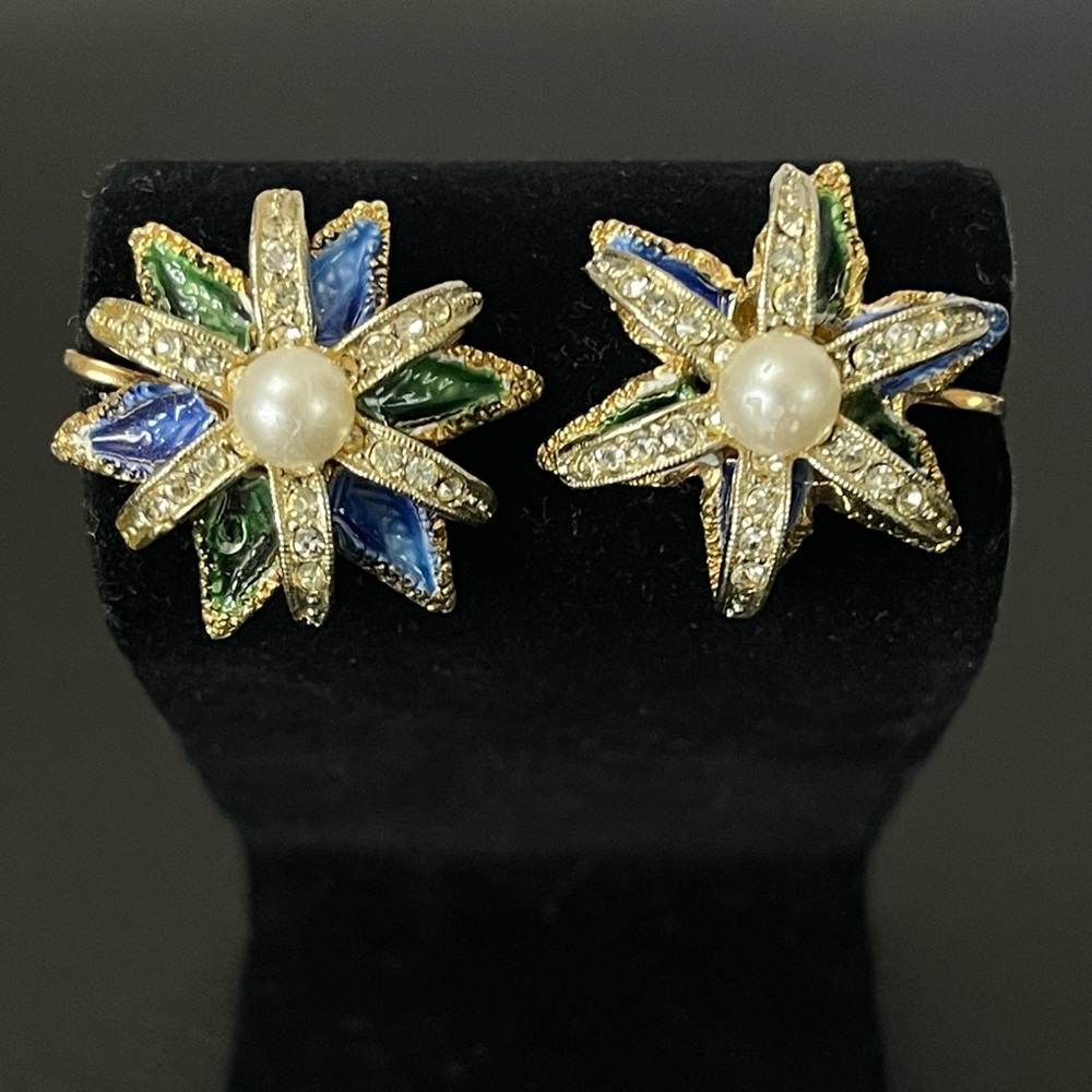 Art Vintage  1970’s Blue & Green Enamel Starburst Flower Clip  Earrings